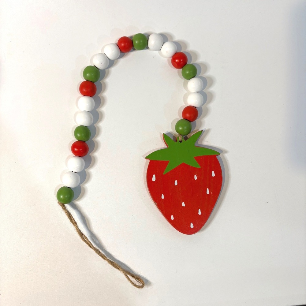 Red Strawberry Wooden Bead Garland Farmhouse Tiered Tray Decor Jute Loop 22 Inch